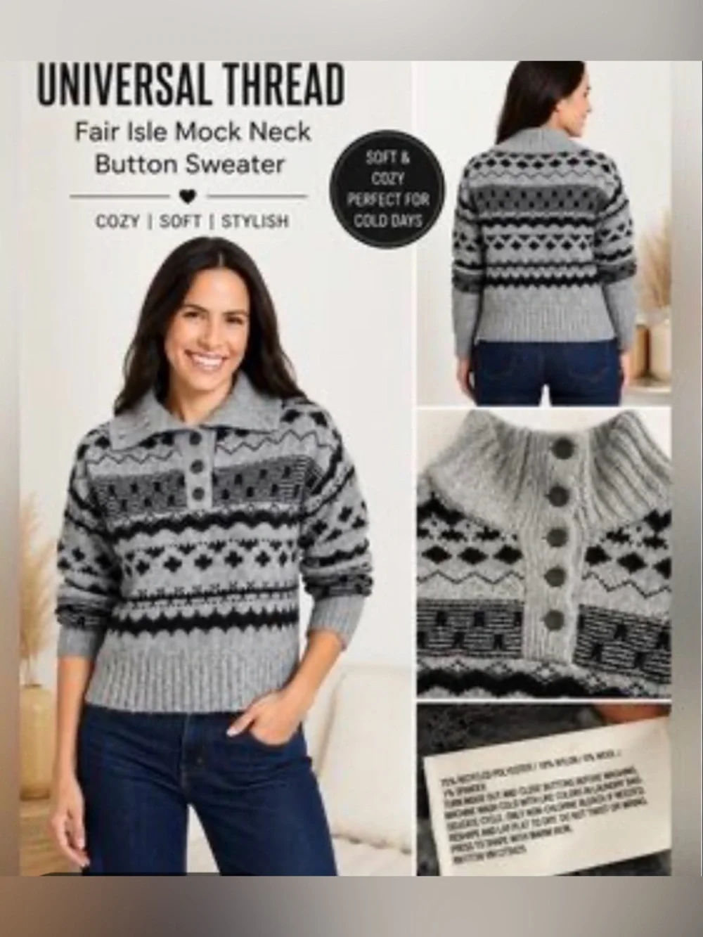 5/$30 Universal Thread Gray Fair Isle Button-Placket Turtleneck Sweater NWT XL